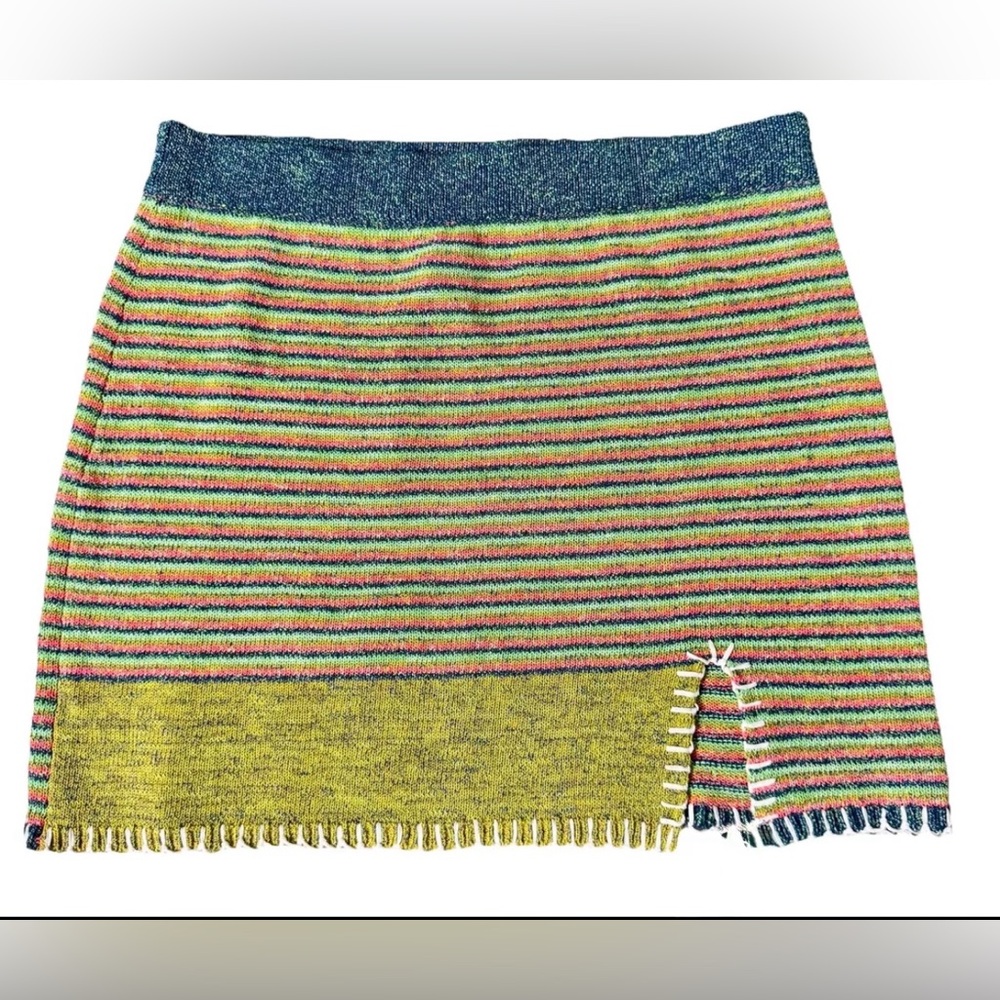 YANYAN KNITS $275 Tweedle Mini Skirt In Rainbow Ochre Embroidered Stitch Y2K FUN